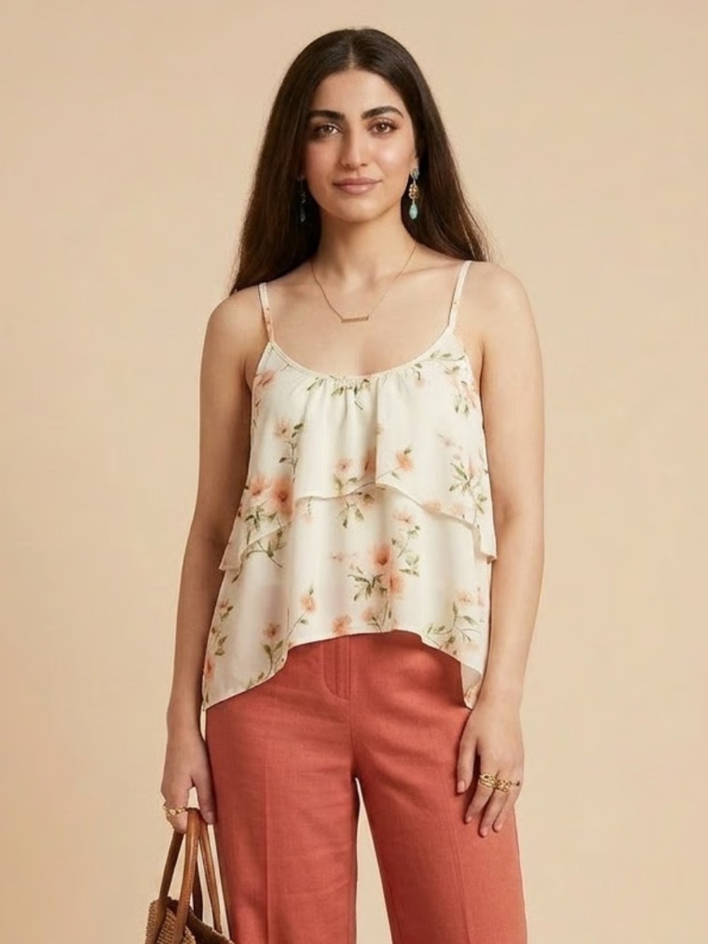 FOREVER 21 | Cream Floral Tiered Ruffle Tank Top Sz S